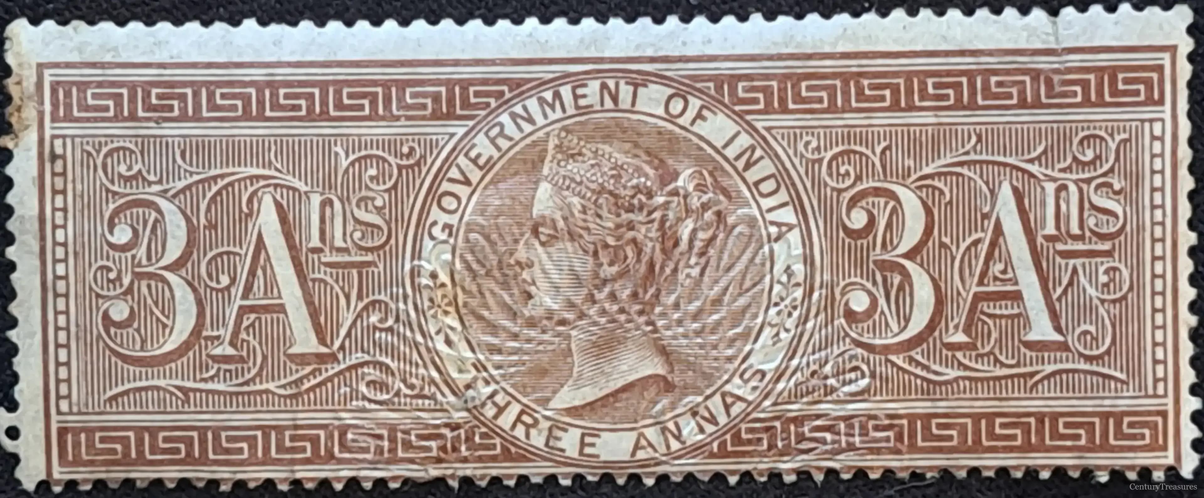 India Queen Victoria 3 Annas Revenue Stamp