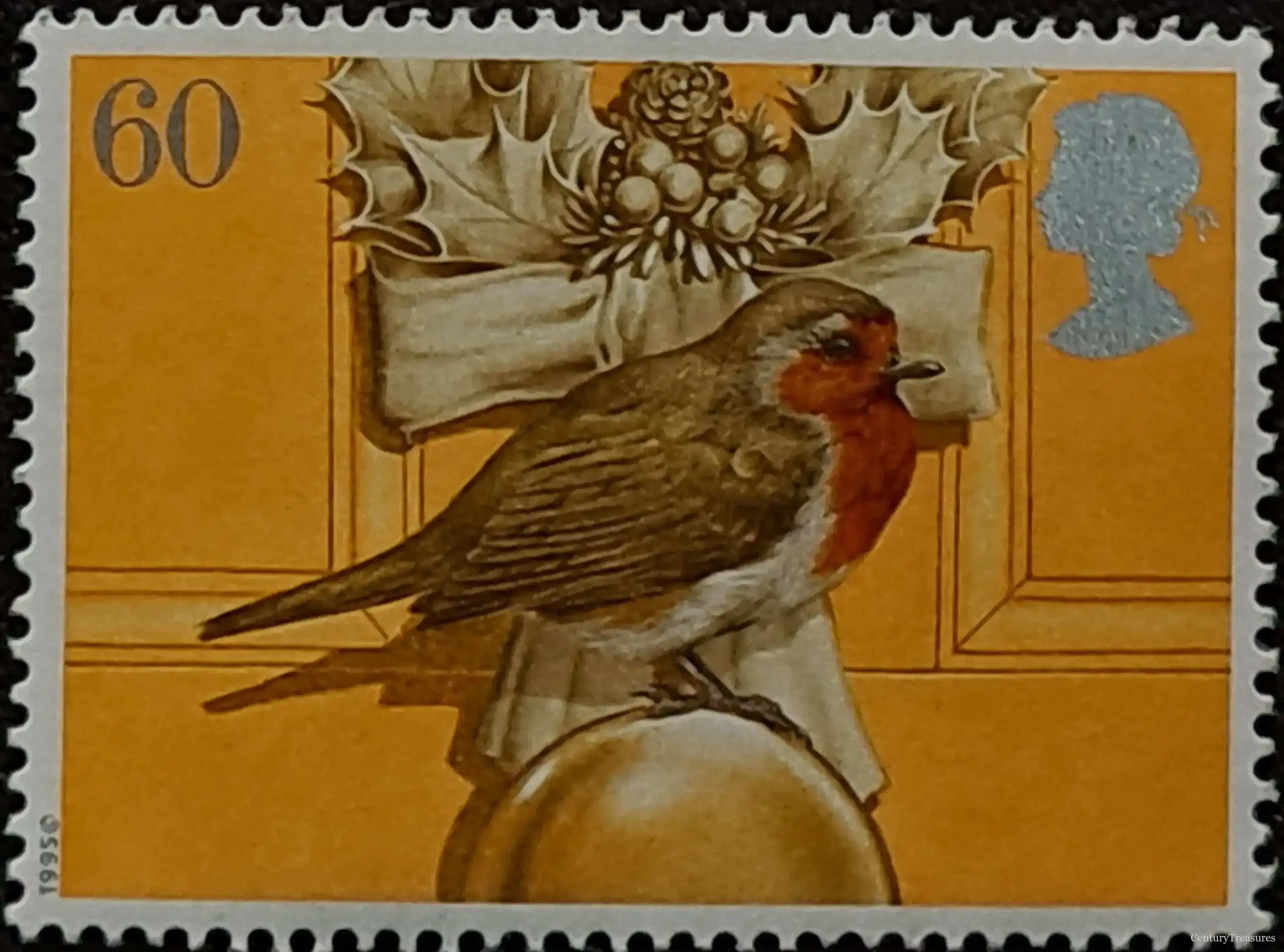 European Robin on Door Knob and Christmas Wreath
